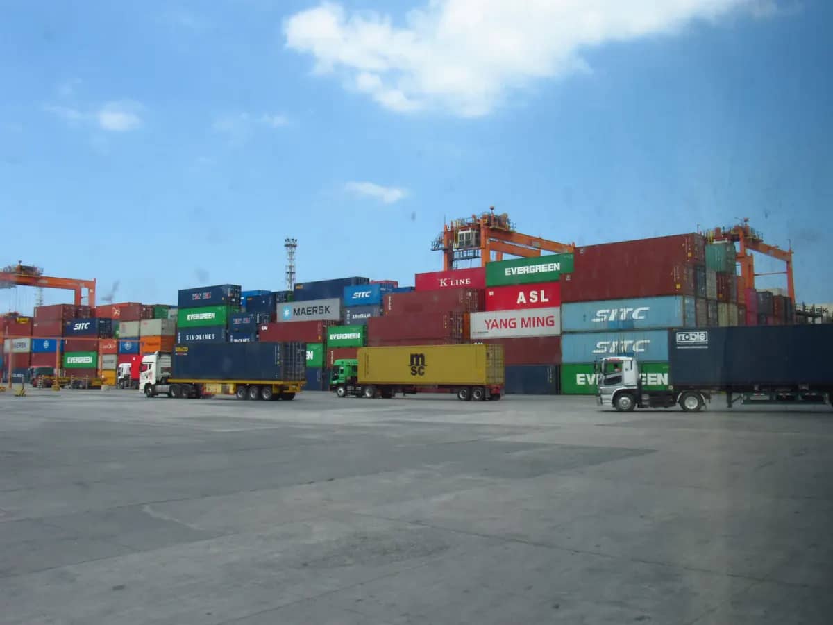 Containers and trucks at a freight terminal