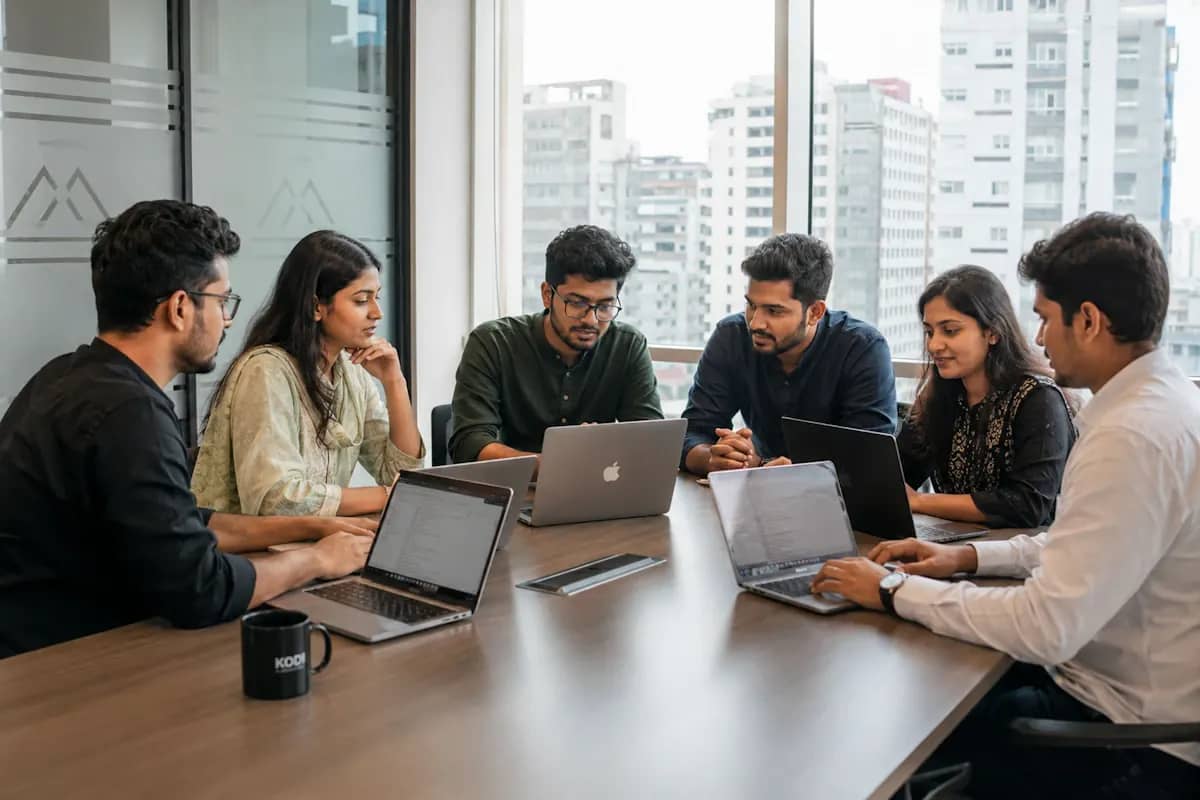 A team collaborating around a table with laptops