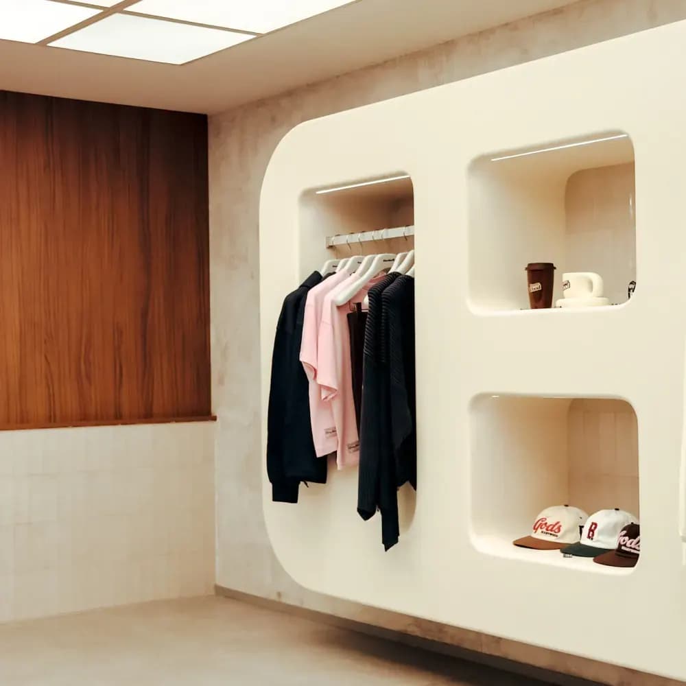 Modern retail display with clothing and hats