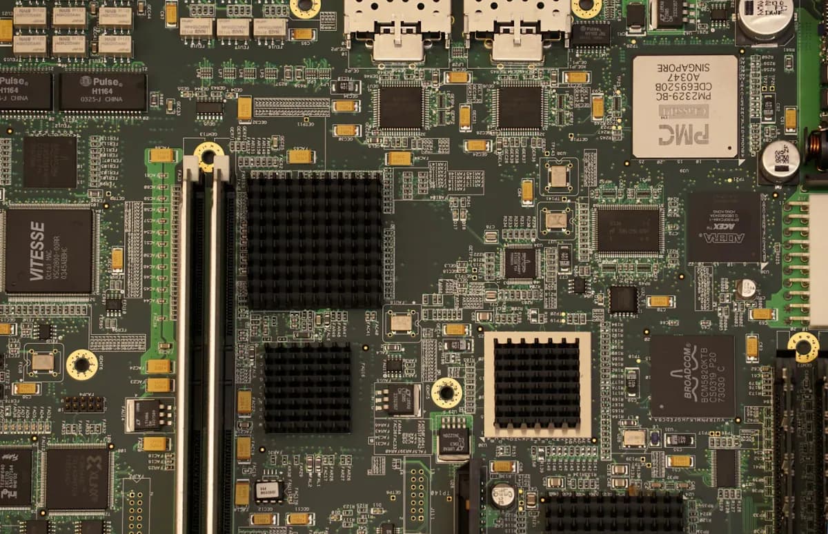 Closeup photography of green and black computer motherboard
